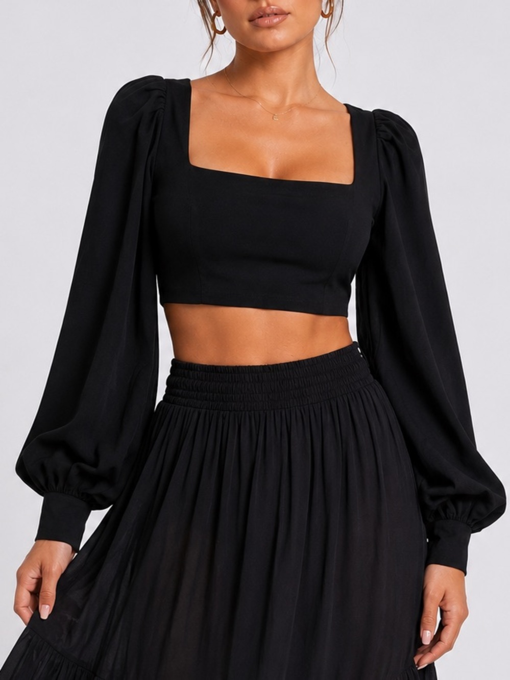 Naked Wardrobe The Statement Black Puff Sleeve Crop Top Size L NWT